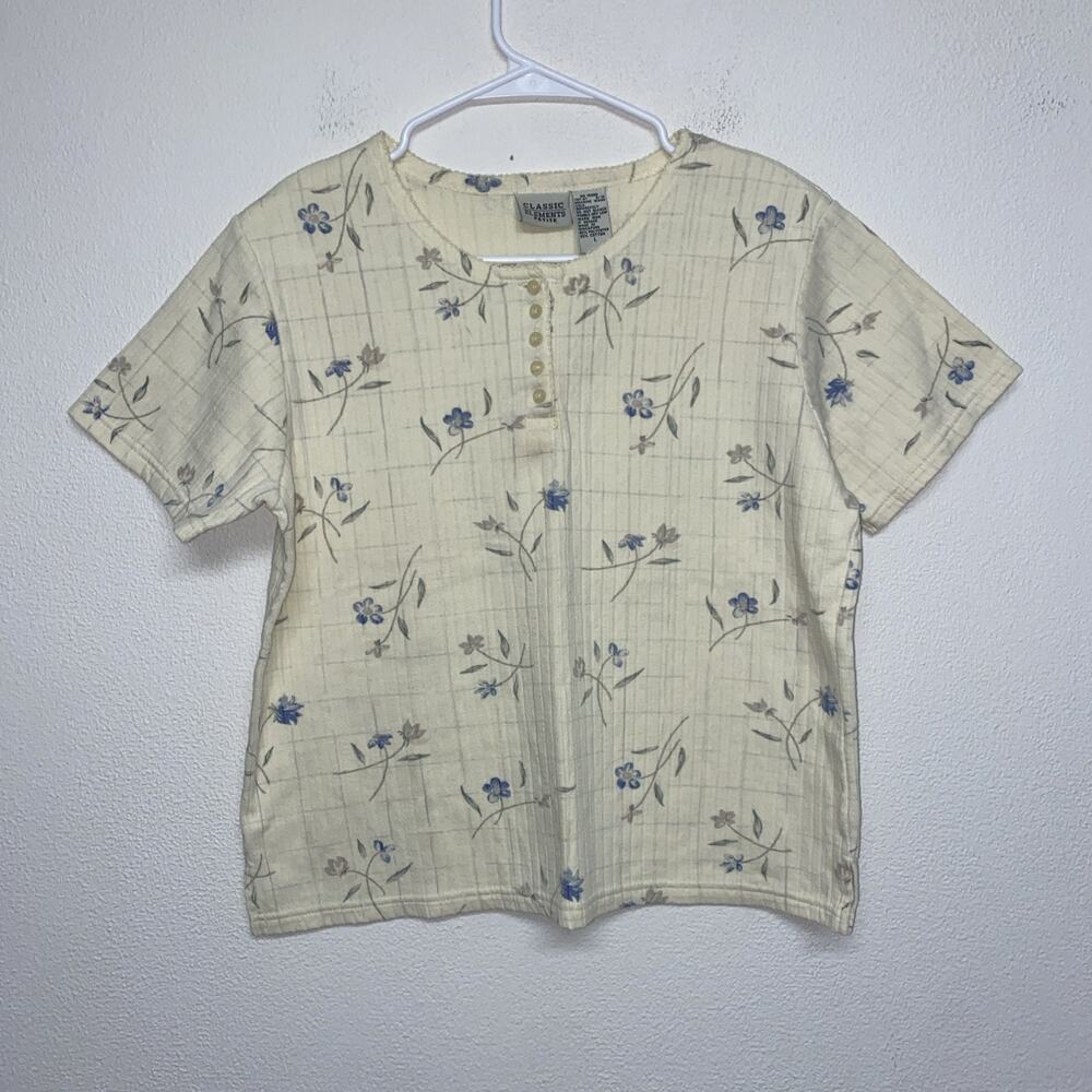 Vintage Butter Yellow Floral Pattern Shirt Size Petite Large Blue Floral Cottage